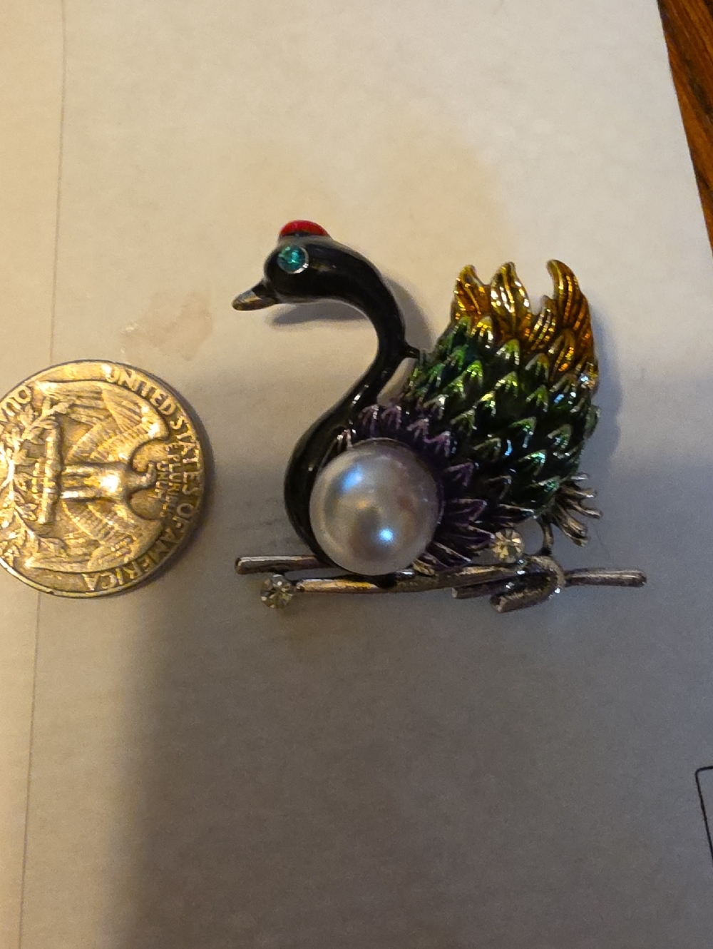 Vintage Black Swan Brooch Pin Multicolor Enamel Faux Pearl Bird Statement - Picture 6 of 6